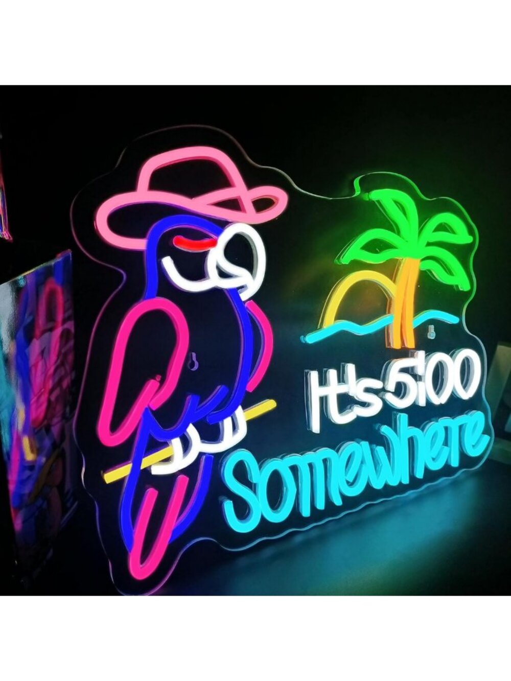 Vibrant Parrot Neon Wall Sign with Palm Tree & Sun - Dimmable LED Light for Bar
